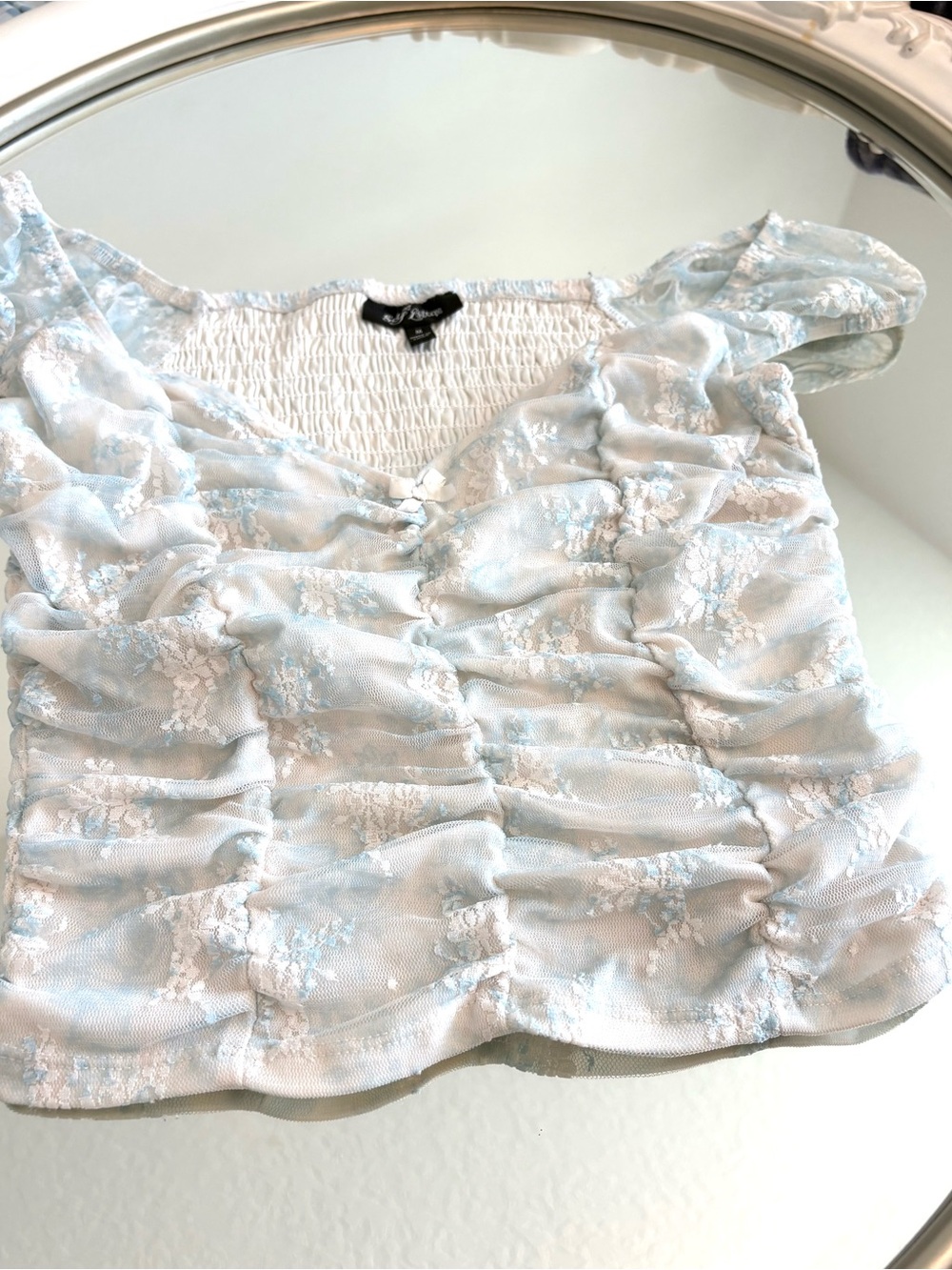 Self Esteem Light Blue Floral Ruched Puff Sleeve Crop Top